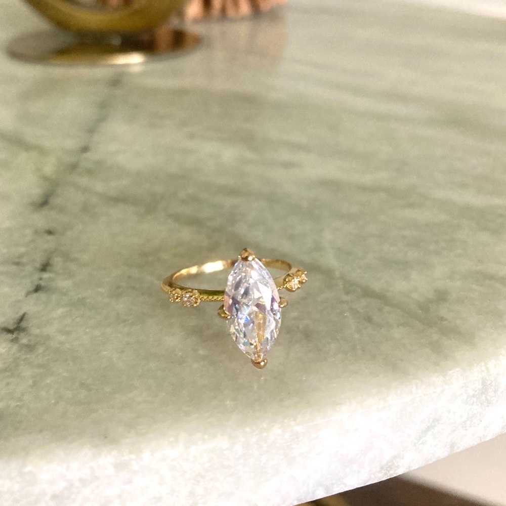 Sterling Silver Marquise Simulated Diamond Gold Ring - Picture 2 of 8